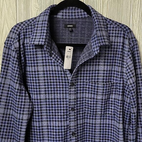 Express Blue Plaid Button Down Long Sleeve Flannel Shirt Mens Size Medium NWT - Picture 2 of 10